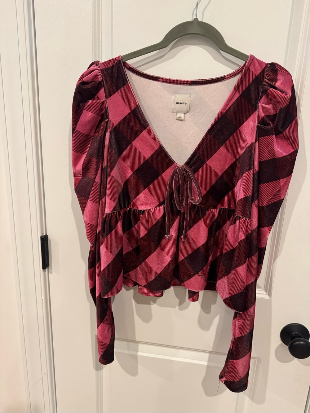 Maeve Anthropologie Pink Plaid Tie-Front Peplum Top